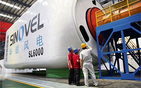 Wind turbine nacelle being assembled in factory