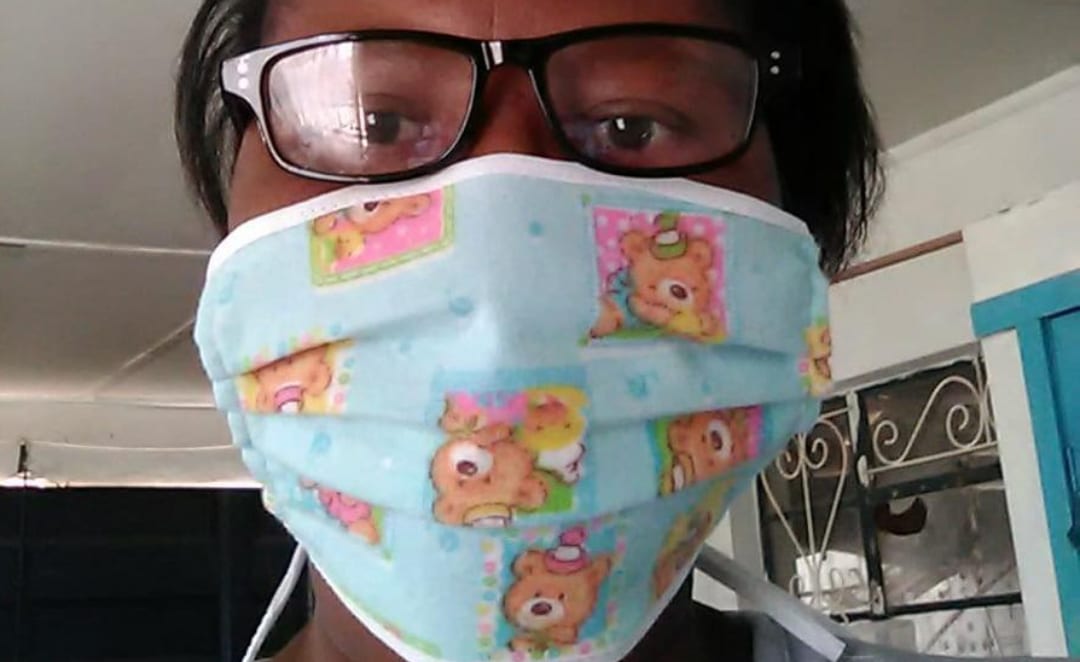 Martha wearing cartoon bear print Covid mask