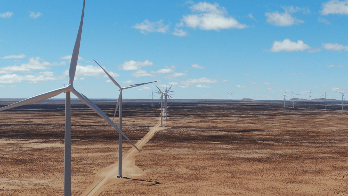 Aerial view of Mainstream renewable power joint venture wind farm in South Africa landscape