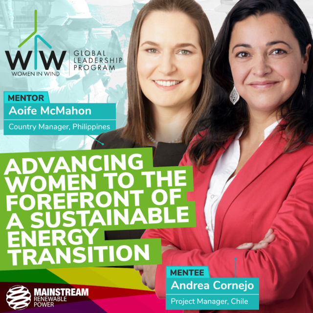 A poster with Aoife McMahon and Andrea Cornejo smiling with the writing Advancing women to the forefront of a sustainable energy transition.