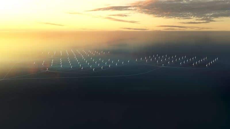 CGI offshore wind farm with sunset in background