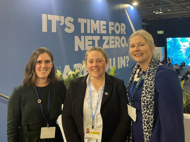GWEC's Rebecca Williams, left, Mainstream's Mary Quaney and Eleanor Maxim, and Mary Quaney in COP26 Blue Zone