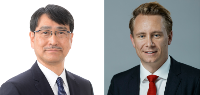 Mitsui COO Kazumasa Nakai, left, and Kristian Røkke, CEO of Aker Horizons, right