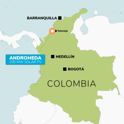 Map of Colombia showing location of Mainstream Renewable Power's Andromeda Solar PV project