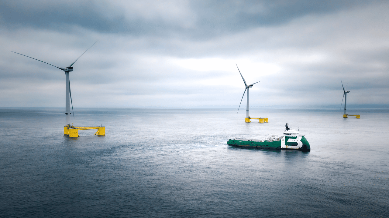 Three floating offshore wind turbines and service ship