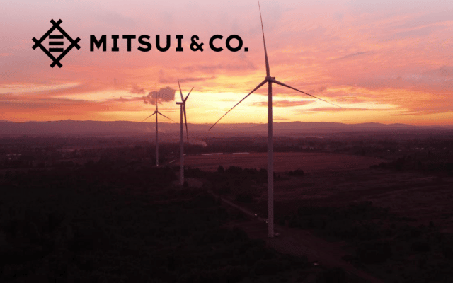 Mainstream Renewable Power onshore wind farm at sunrise with Mitsui & Co logo