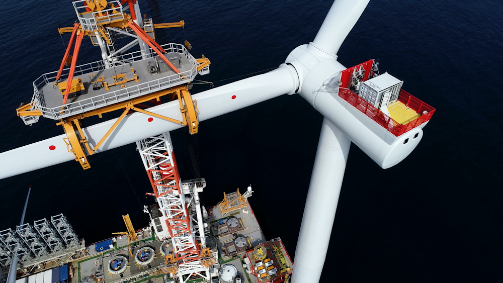 Blade being attached to offshore wind wind at sea