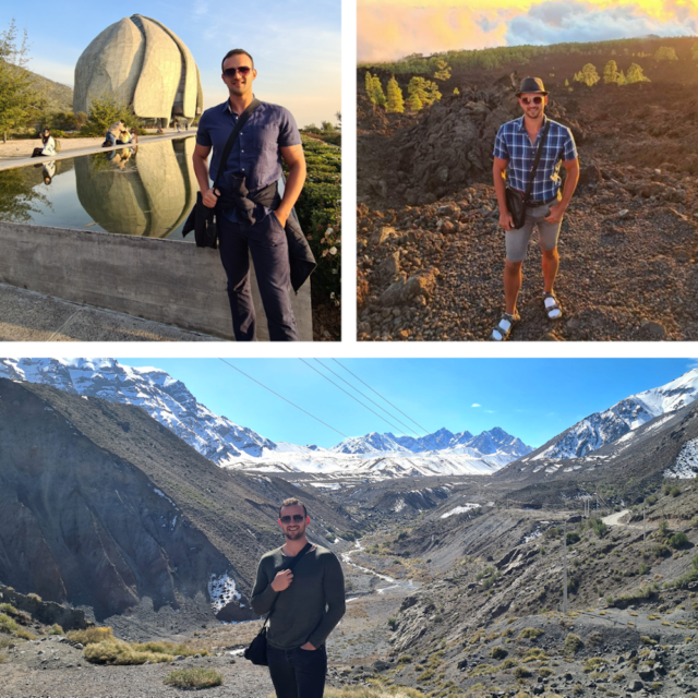 A collage of Nikolaj at various locations - snow capped mountains, volcanic hillsides and a large rounded statue beside a pool