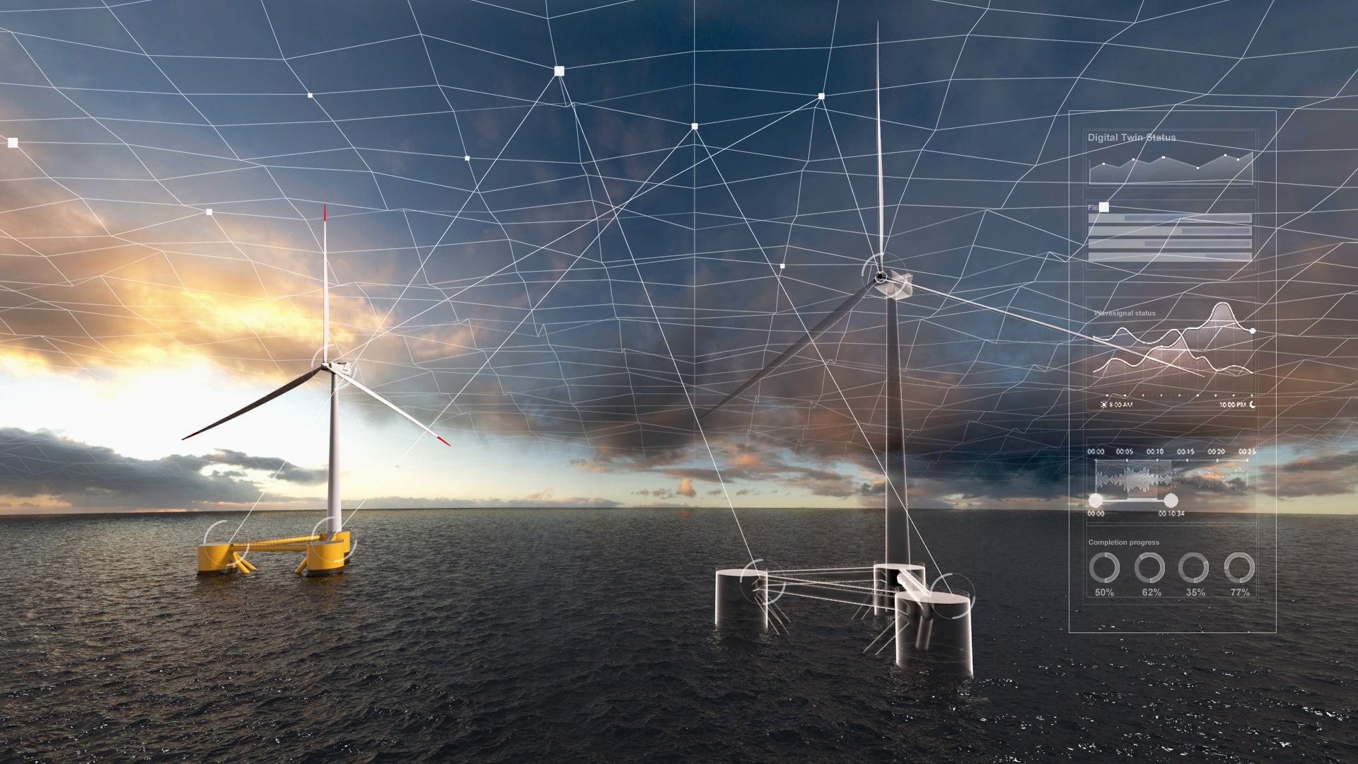CGI of NextWind Digital Environmental and Production Monitoring - showing a real offshore wind turbine and a digital twin offshore wind turbine used for data analysis - Mainstream Renewable Power Digitalisation