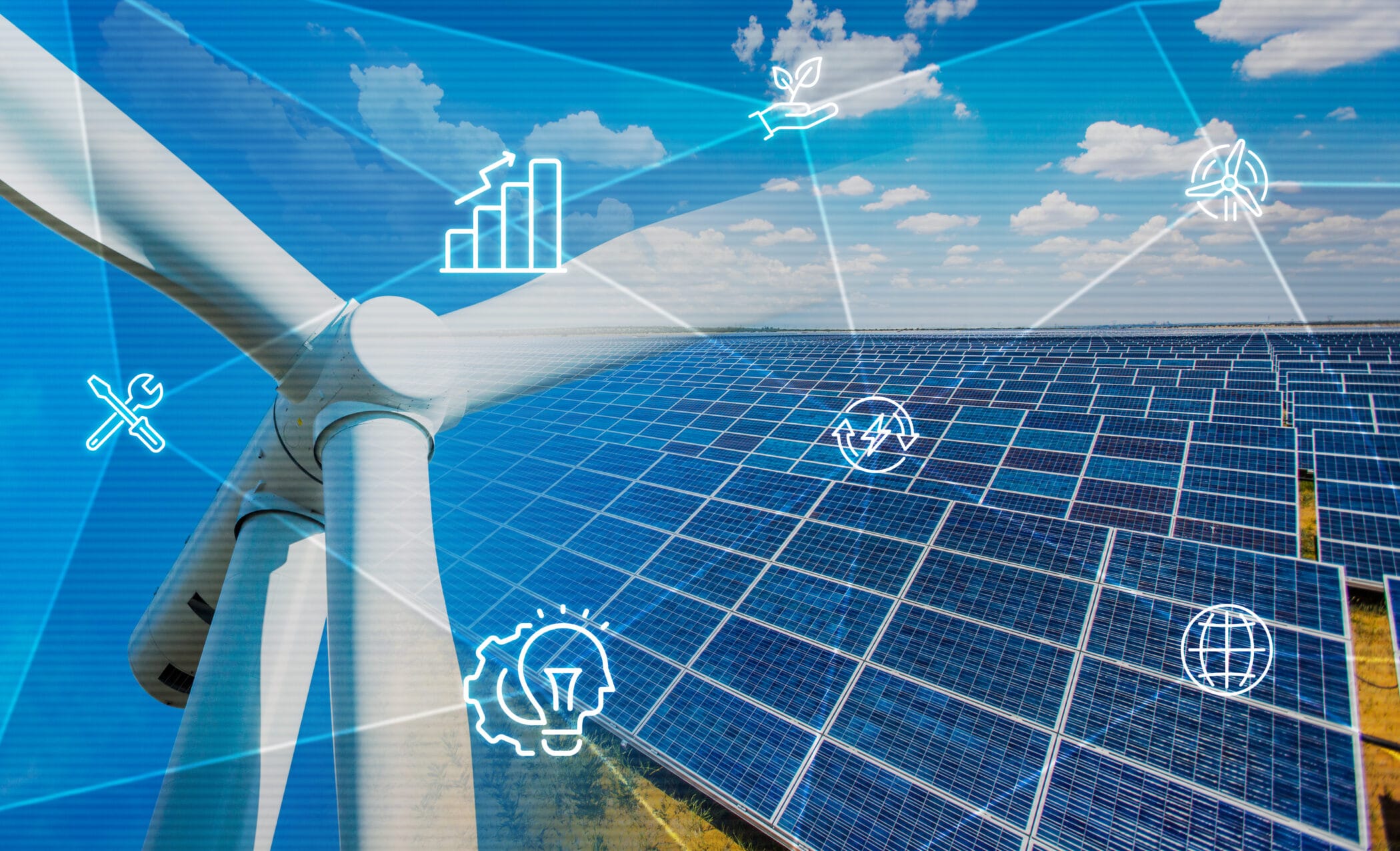 wind turbine and solar panel with digital icons overlayed - digitalisation - mainstream renewable power