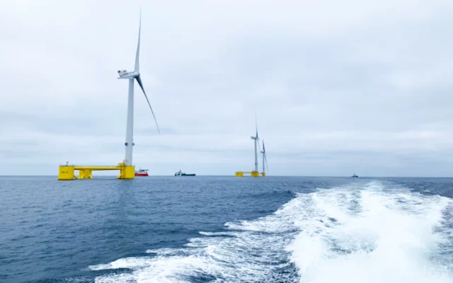 3 floating offshore wind turbines at sea