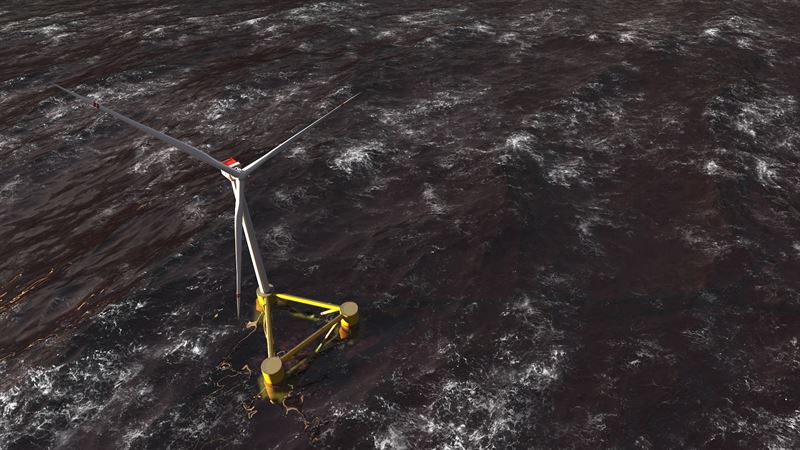 Ariel view of a CGI floating offshore wind turbine with yellow foundation