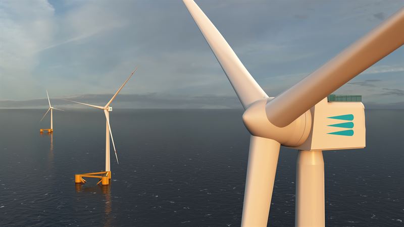 CGI of 3 Aker Offshore Wind floating offshore turbines with the Aker Offshore Wind logo