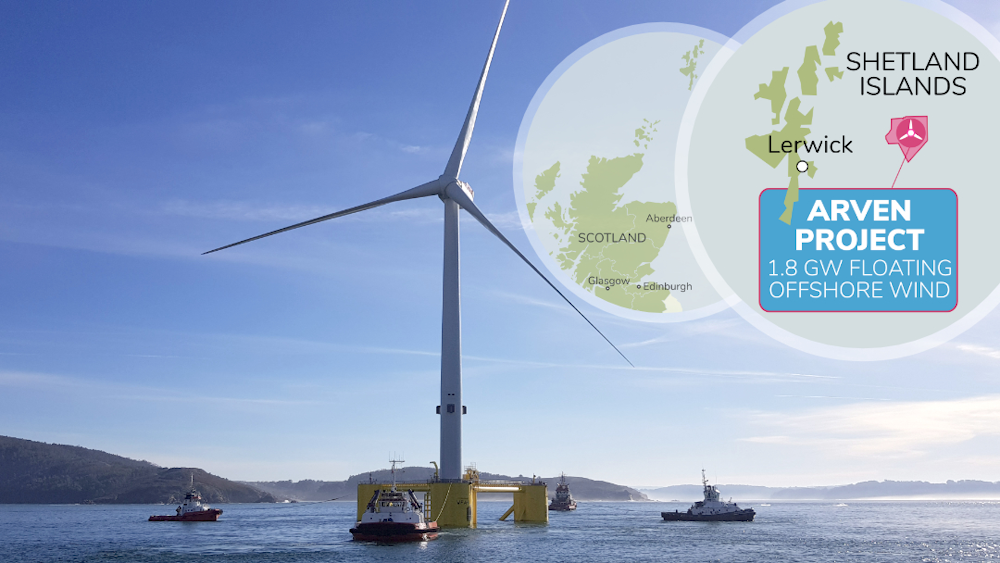 Floating Offshore wind turbine with a map of Arven seabed plot for Scotwind project