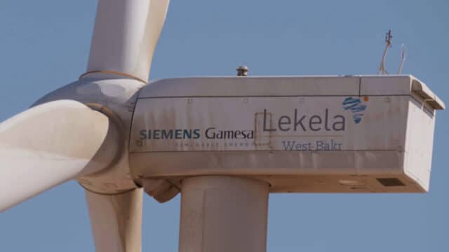 Wind turbine nacelle with Lekela Power logo