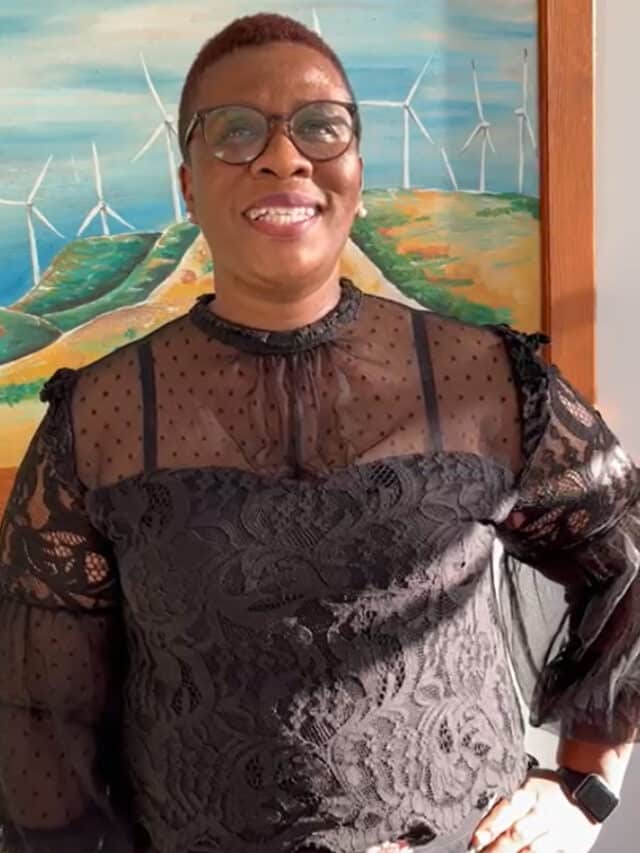 Smiling Mainstream Renewable Power woman in front of painting of South African onshore wind farm