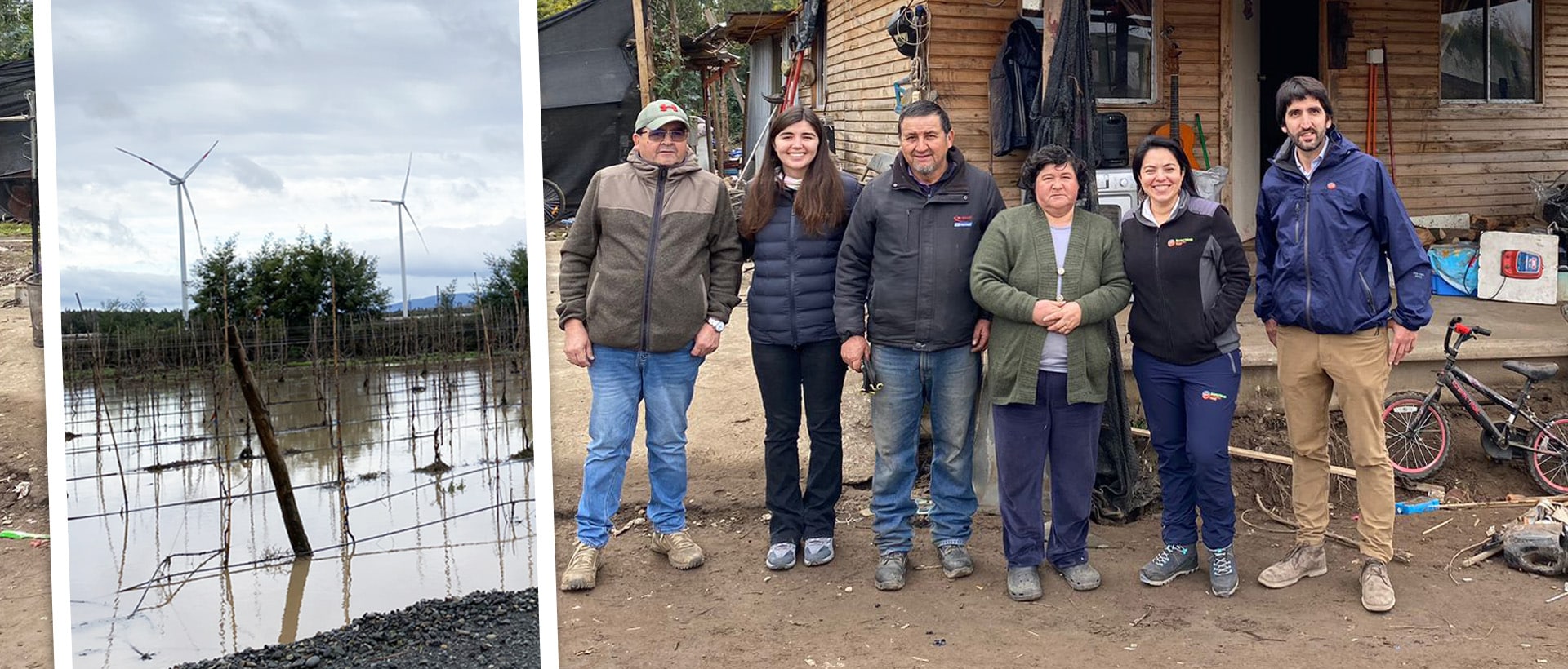 Mainstream staff with flood-affected family and scene of flooded land in front of Mainstream wind farm turbines