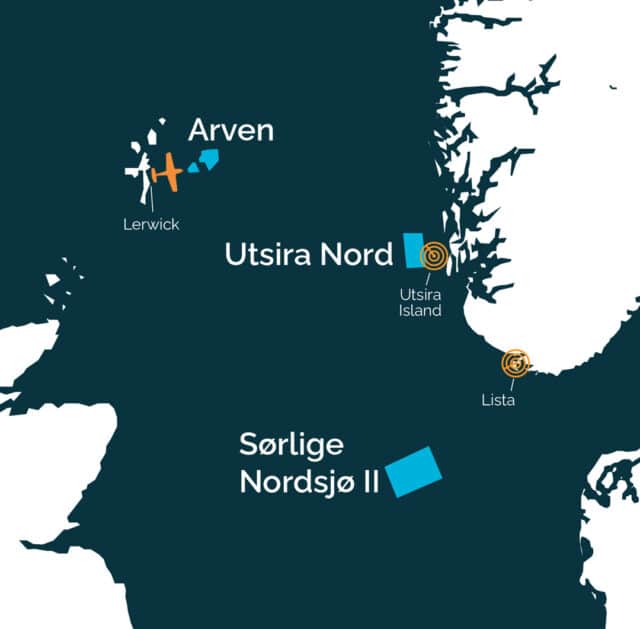 Map of North Sea offshore wind projects, featuring Arven, Utsira Nord and Sørlige Nordsjø II sites